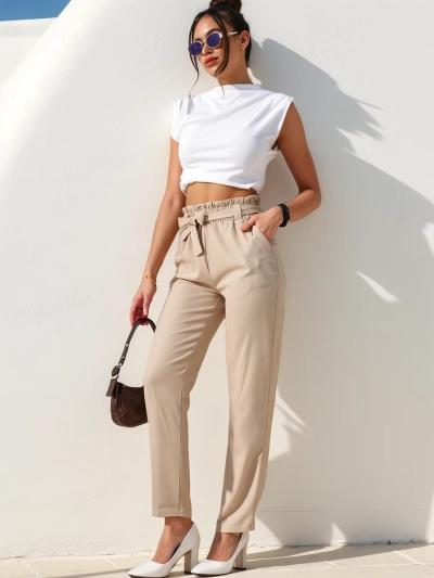 Royalfashion Pantalon en tissu simple pour femmes avec ceinture