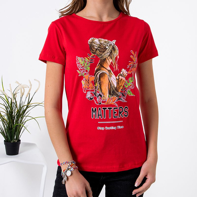 T-shirt femme en coton rouge à imprimé - Vêtements