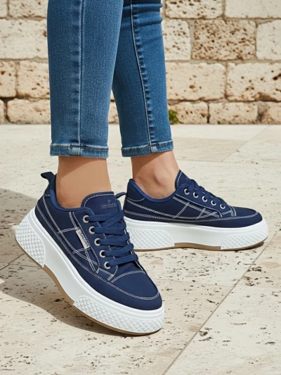 Baskets Callista pour femmes à plateforme, tissu bleu marine, printemps-été