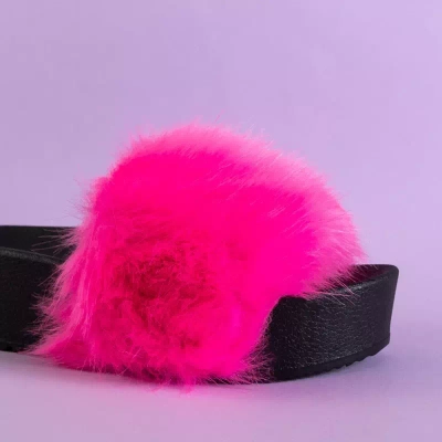 Pantoufles compensées rose fluo pour femmes avec fourrure Lorina - Chaussures