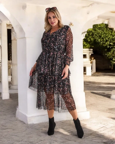 Royalfashion Robe midi en maille noire et rose avec imprimé