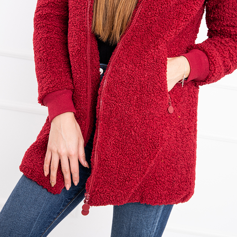 Veste rouge femme à capuche en mouton retourné - Vêtements