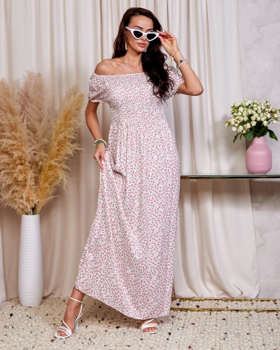 Robe longue à fleurs blanches et roses pour femme a'la hiszpanka- Vêtements