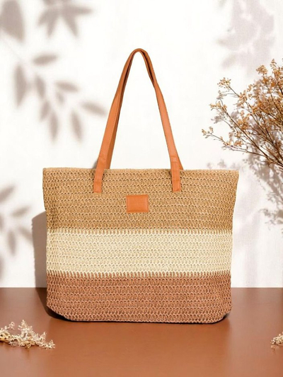 Royalfashion Grand sac en paille pour femme, larges rayures audacieuses