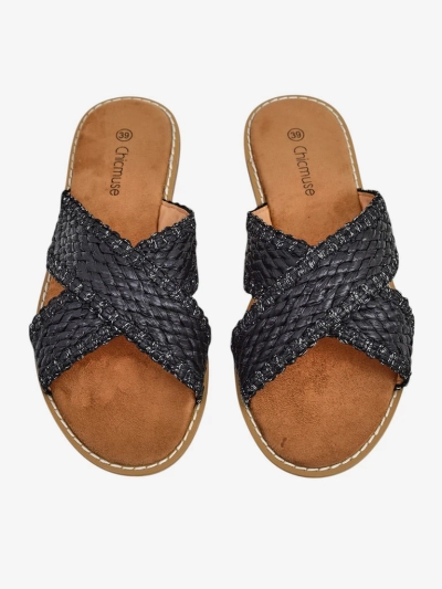 Sandales plates pour femmes Calista Nero, tresse noire, cuir écologique