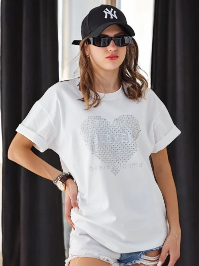 Royalfashion T-shirt en coton pour femmes LOVE avec des strass