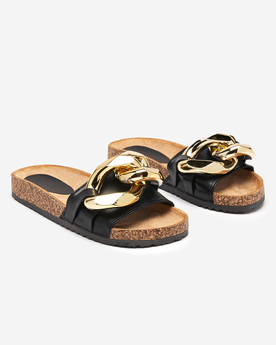 Claquettes d'été Ariadne Royalfashion avec une grande chaîne dorée, cuir noir
