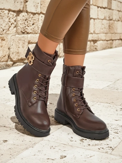 Bottines en cuir Castorina marron avec fermeture éclair, bout rond, cuir écologique