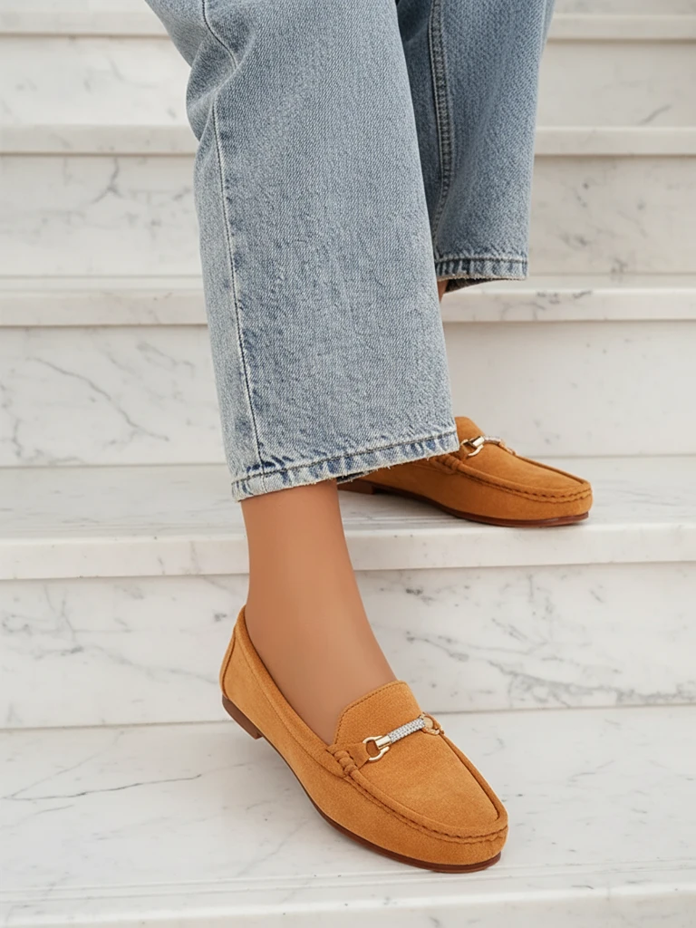 Mocassins pour Femmes Camel Aurelia en Daim avec Ornement - Confort et Style sur Talon Plat