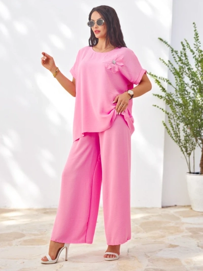 Ensemble à manches courtes Royalfashion pour femmes avec motif floral décoratif et pantalon large