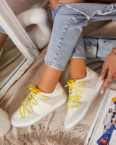 Baskets de sport pour femmes blanches et grises avec lacets jaunes Olierinc - Chaussures