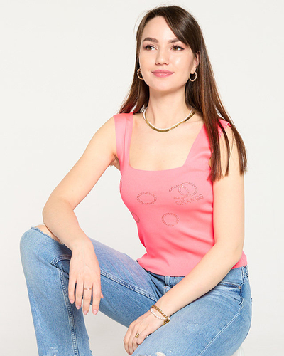 Top femme rose fluo avec zircons cubiques dorés - Vêtements