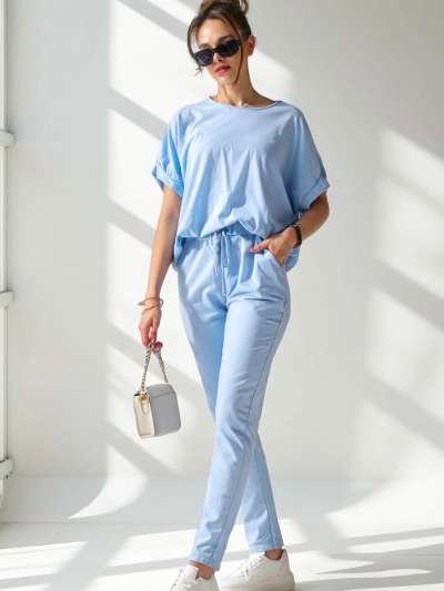 Ensemble en coton Royalfashion pour femmes avec des manches courtes et un pantalon droit