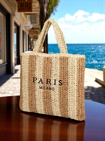 Royalfashion Grand sac à main en paille pour femme Paille Rayure