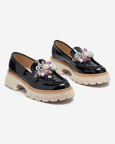 Mocassins pour femmes laqués noirs avec ornement Leliab- Footwear