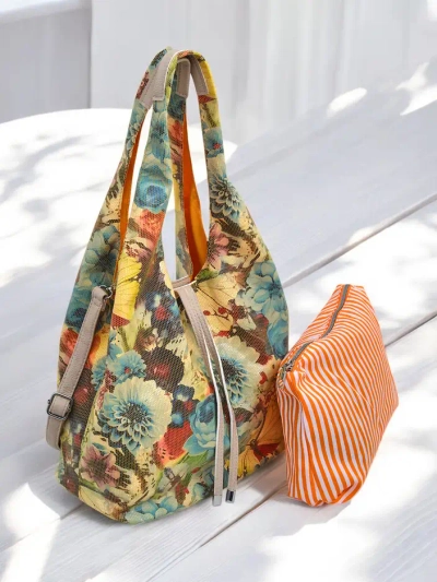 Royalfashion Grand sac en tissu avec fleurs, avec une trousse de maquillage et fermeture magnétique