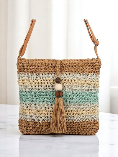 Royalfashion Petit sac en paille pour femme, rayé, orné d’un charm Mini
