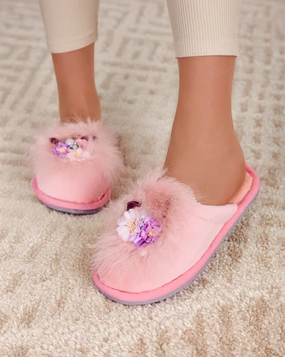 Royalfashion Pantoufles en fausse fourrure pour femmes avec fleurs Ederra