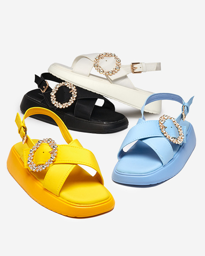 Sandales pour femmes en tissu noir sur semelle plate avec zircons cubiques Senire - Footwear