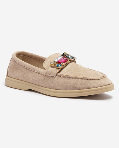 Mocassins pour femmes en daim écologique marron clair avec cristaux décoratifs Nellens- Footwear