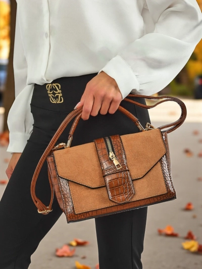 Sac à main Callista pour femmes en cuir écologique suédé et cuir verni, marron