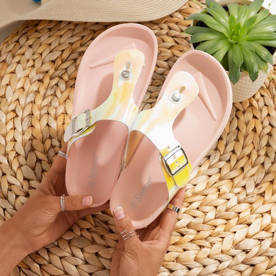 Tongs holographiques rose clair pour femmes avec boucle en manille - Chaussures