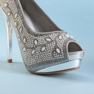 OUTLET Escarpins en brocart pour femmes en argent avec zircons cubiques et perles Lindi - Chaussures