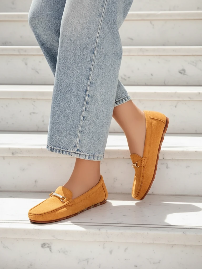 Mocassins pour Femmes Camel Aurelia en Daim avec Ornement - Confort et Style sur Talon Plat