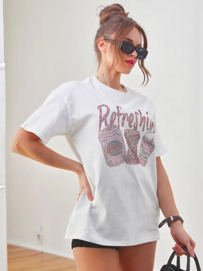 T-shirt en coton Royalfashion pour femmes avec imprime en strass