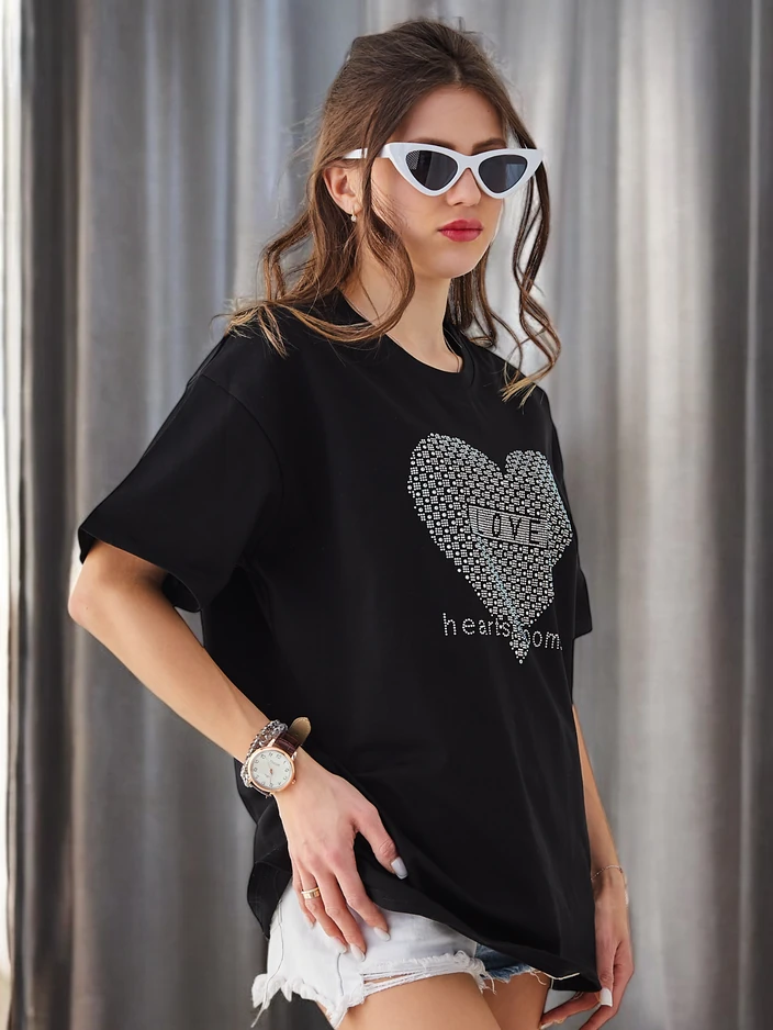 Royalfashion T-shirt en coton pour femmes LOVE avec des strass