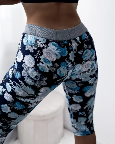 Short 3/4 bleu foncé pour femme avec motif floral - Vêtements