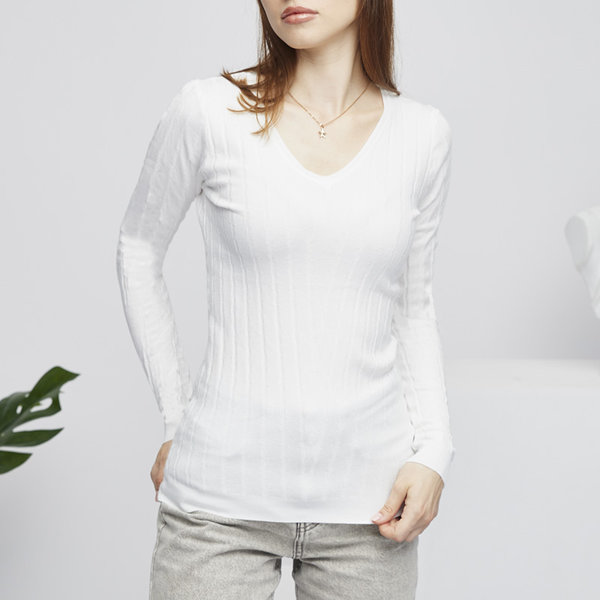Pull col V blanc femme - Vêtements