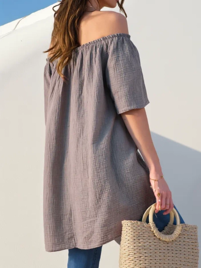 Blouse en coton pour femmes Royalfashion à épaules dénudées avec boutons décoratifs