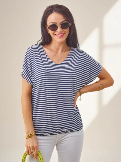 Blouse en viscose pour femme Royalfashion avec rayures, manches courtes et finition brillante