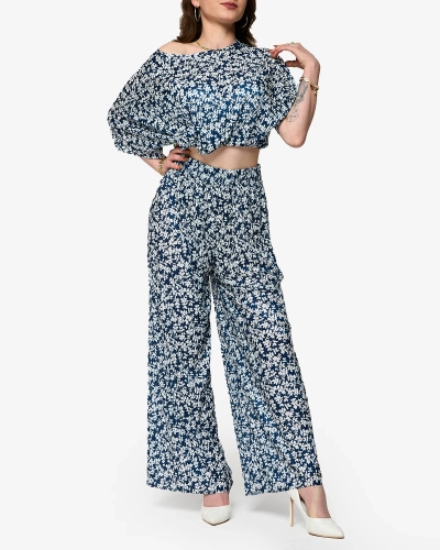 Ensemble plissé bleu marine à fleurs noires pour femme - Vêtements