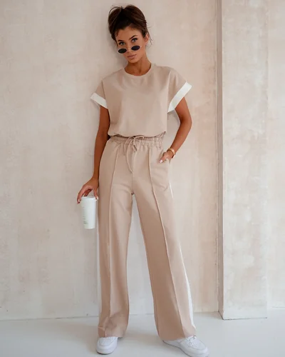 Ensemble Royalfashion en coton pour femmes avec manches courtes et pantalons évasés