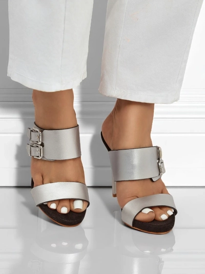 Sandales Aletheia argentées à talon aiguille 12cm en cuir écologique à brides