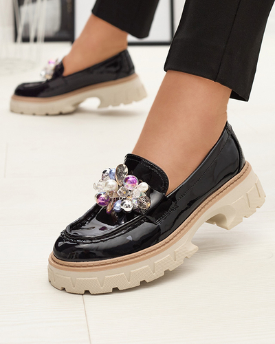 Mocassins pour femmes laqués noirs avec ornement Leliab- Footwear
