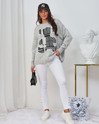 Royalfashion Pull femme gris avec ours en peluche