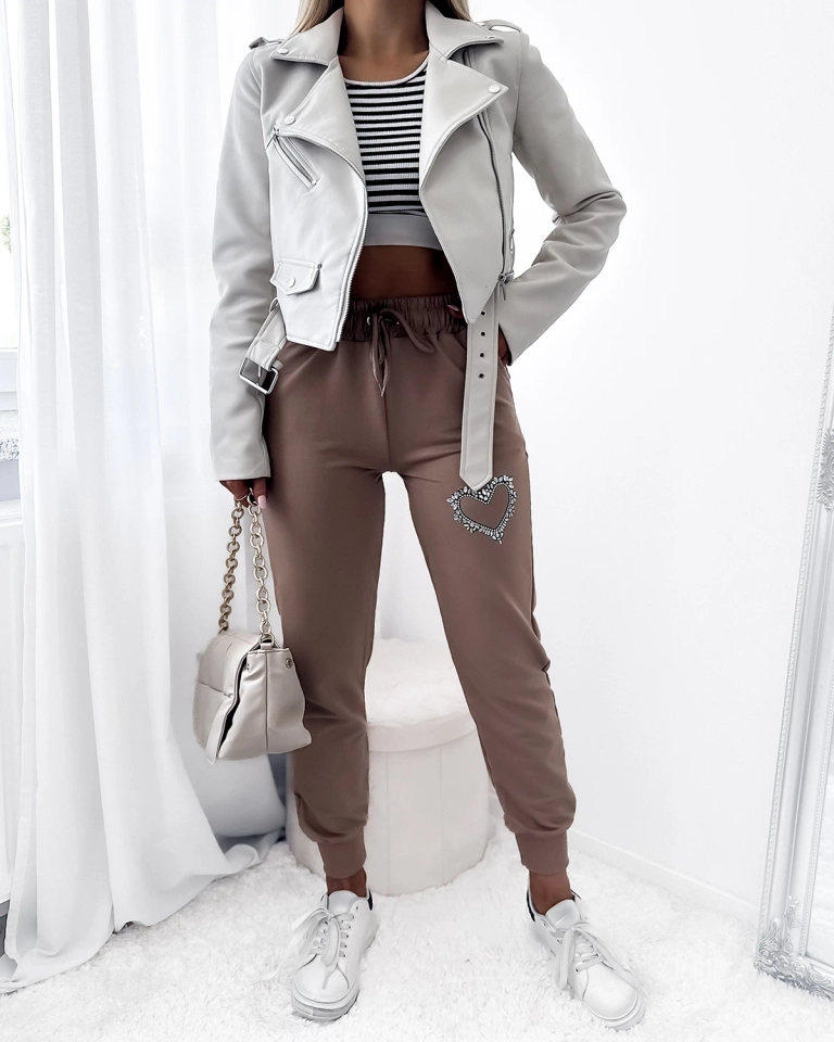 Pantalon de survêtement marron clair pour femme avec ornements en zircon- Vêtements