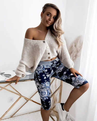 Short femme 3/4 bleu marine et bleu à motif fleuri GRANDE TAILLE - Vêtements