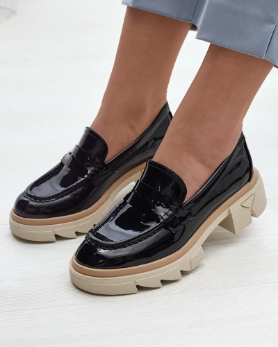 Mocassins en cuir verni écologique pour femme noir Sepop- Footwear
