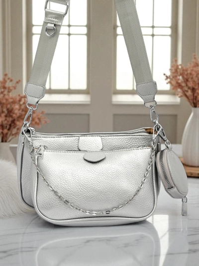 Aurelia Multi Silver – Sac à main pour femmes 3en1 en cuir écologique avec pochette ronde