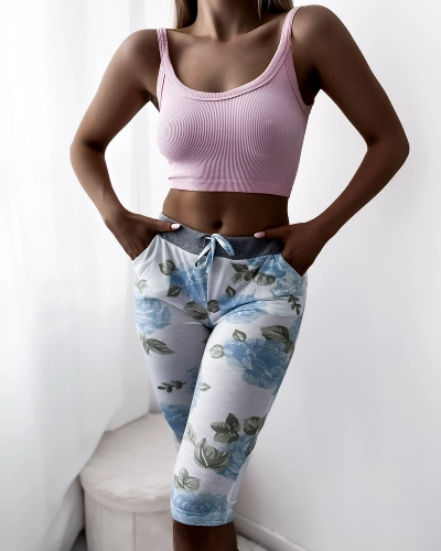 Short 3/4 femme blanc à fleurs bleues - Vêtements