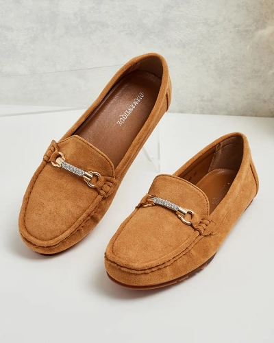 Mocassins pour Femmes Camel Aurelia en Daim avec Ornement - Confort et Style sur Talon Plat
