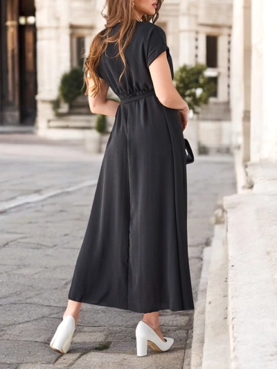 Robe midi Royalfashion pour femmes avec un décolleté enroulé, des manches courtes et une ceinture