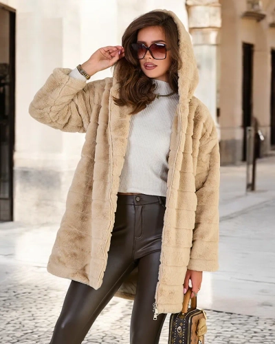 Royalfashion Manteau de fourrure beige pour femme