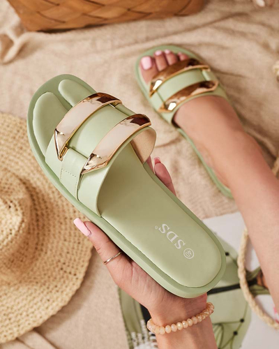 Pantoufles vertes pour femmes avec un grand ornement doré Kedino - Footwear