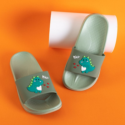 Pantoufles vertes pour enfants avec un dinosaure Dinosik - Chaussures