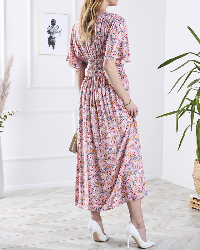 Robe midi rose pour femme avec motif floral- Vêtements
